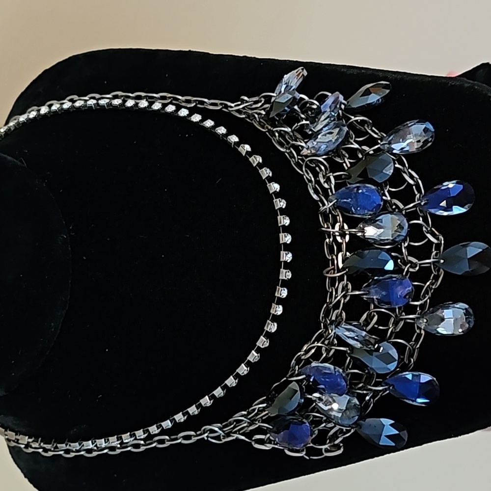 Gunmetal blue and purple crystal necklace with rhinestone layer